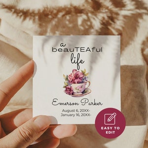 Favores de té para funerales, paquetes imprimibles personalizados, favor de la bolsa de té conmemorativa de la celebración de la vida, plantilla editable, para mamá, abuela