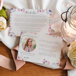 Cartes de remerciement pour funérailles florales, avec photo, modèle de carte, remerciements pour les condoléances, modifiables, roses, fleurs sauvages, bébé enfant, femme, WF2