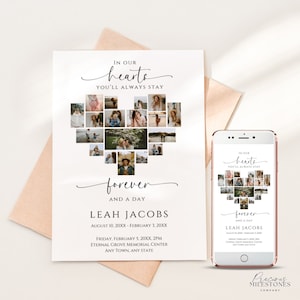 Ensemble de modèles d'invitations pour les funérailles dans notre coeur, invitation électronique célébration de la vie, programme de funérailles mobile, commémoration imprimable 5 x 7, FH01