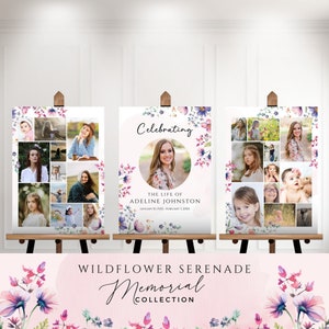 Conjunto de plantillas de carteles de collage de fotos funerarias, letrero de bienvenida conmemorativo, exhibición de celebración de la vida, para niña, flor silvestre, mujer, WF2