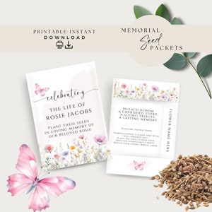 Beerdigung Samenpaket Benutzerdefinierte, druckbare Beerdigung Blumen Favor Andenken bearbeitbare Vorlage, Gedenkgast Geschenkidee, rosa Blume, Schmetterling, FP1