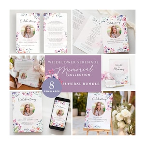 Fiori del pacchetto funebre, modelli modificabili di celebrazione della vita, set digitale stampabile, pacchetto di servizi commemorativi, Canva, fiori di campo, rosa, WF2
