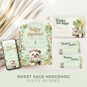 Igel druckbare Babypartyeinladungen, Windelparty einladen in Salbei grün, Bücher und Raffle-Karte, bearbeitbare Vorlage, Boho, Gender Neutral