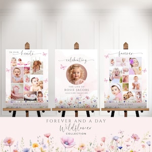 Funeral service photo collage sign template bundle set of 3, Memorial Welcome Poster Display, For child baby girl, pink wildflower, FP1, DIY