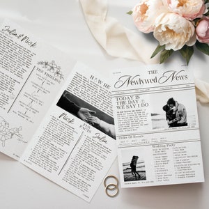 Plantilla de 4 páginas de periódico de bodas grande plegada, programa imprimible de descarga instantánea, editar en Canva, programa de línea de tiempo de ceremonia, 4 tamaños