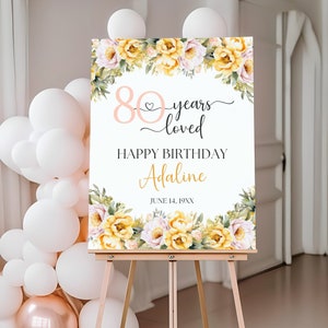 80 Jahre geliebt Willkommensschild, 80. Geburtstagsparty Poster bearbeitbare Vorlage, Meilenstein-Bday-Feier-Dekor, bedruckbar, Rosa, Gelb, Blume