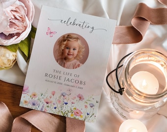 Baby Child Funeral Program Editable Template, Celebrating the life of, Printable Girl Obituary Order of Service, Pink Wildflower, Butterfly