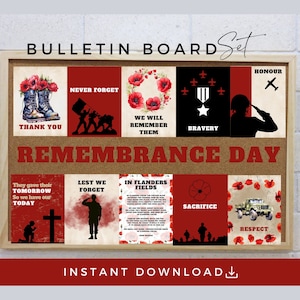 Remembrance Day Bulletin Board Printable Posters, INSTANT Download, Lest We Forget, Veteran Memorial Display, Classroom, Poppy Wall Art Set