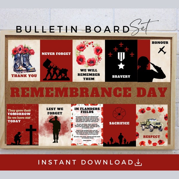 Remembrance Day Bulletin Board Printable Posters, INSTANT Download, Lest We Forget, Veteran Memorial Display, Classroom, Poppy Wall Art Set