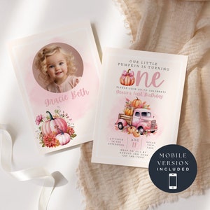 Nossa pequena abóbora está virando um convite com foto rosa, modelo editável de primeiro aniversário, download INSTANTÂNEO, cartão para impressão e cópia digital