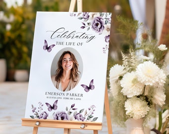 Funeral Welcome Sign Butterflies, Memorial Welcome Sign, Celebration of Life Display, Woman, Butterfly, Mom, Purple Rose, Flowers, PB1