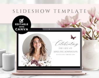 Funeral Slideshow Template For Women, Celebrating The Life of Presentation Photo Video, Memorial Service Tribute, Burgundy, Butterfly, BB1