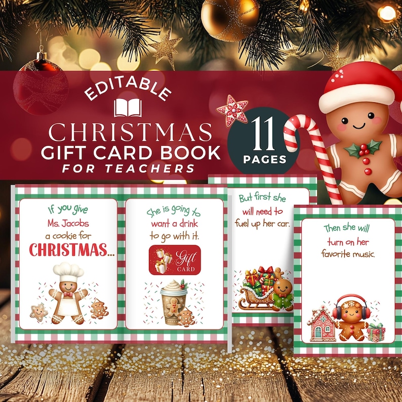 K&ouml;nnte beinhalten: Ein druckbares Weihnachts-Geschenkkartenbuch f&uuml;r Lehrer mit 11 Seiten. Das Buch hat ein Lebkuchenmann-Thema mit Illustrationen eines Lebkuchenmanns, der eine Geschenkkarte verschenkt, Auto f&auml;hrt und Musik h&ouml;rt. Der Text auf den Seiten lautet: "Wenn du Frau Jacobs einen Keks zu Weihnachten gibst...", "Sie wird ein Getr&auml;nk dazu haben wollen", "Aber zuerst muss sie ihr Auto tanken", und "Dann wird sie ihre Lieblingsmusik auflegen".