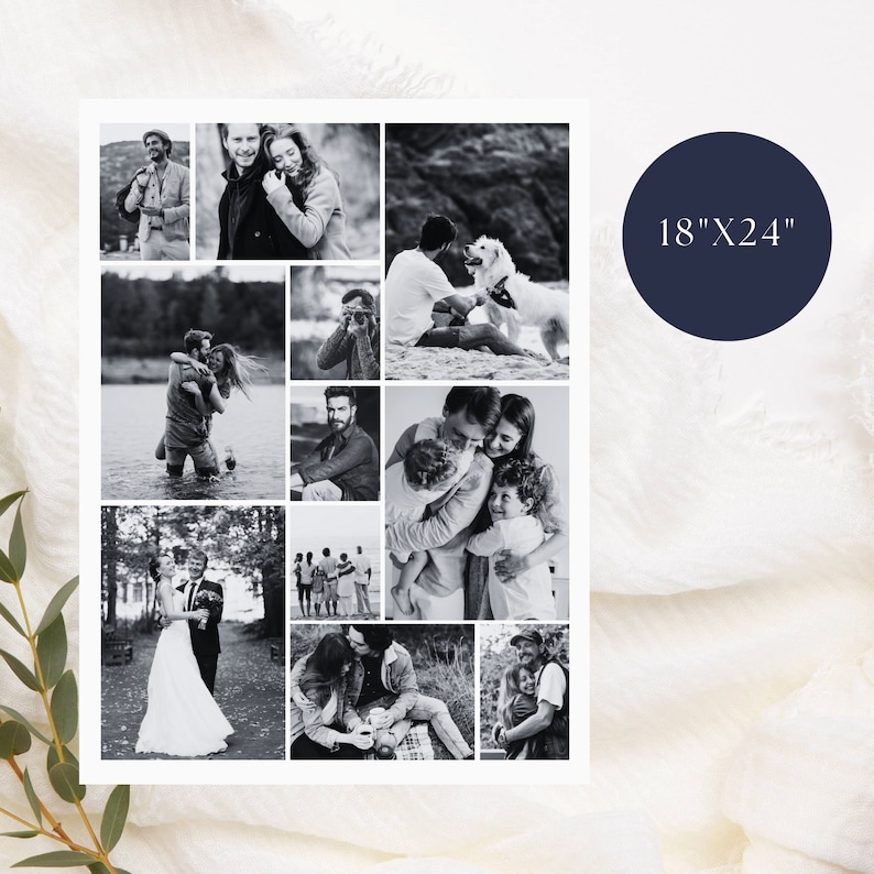 May include: Black and white photo collage of a family with 10 different photos. The photos show the family in various settings, including a beach, a lake, and a forest. The collage is printed on a white background and measures 18 inches by 24 inches.