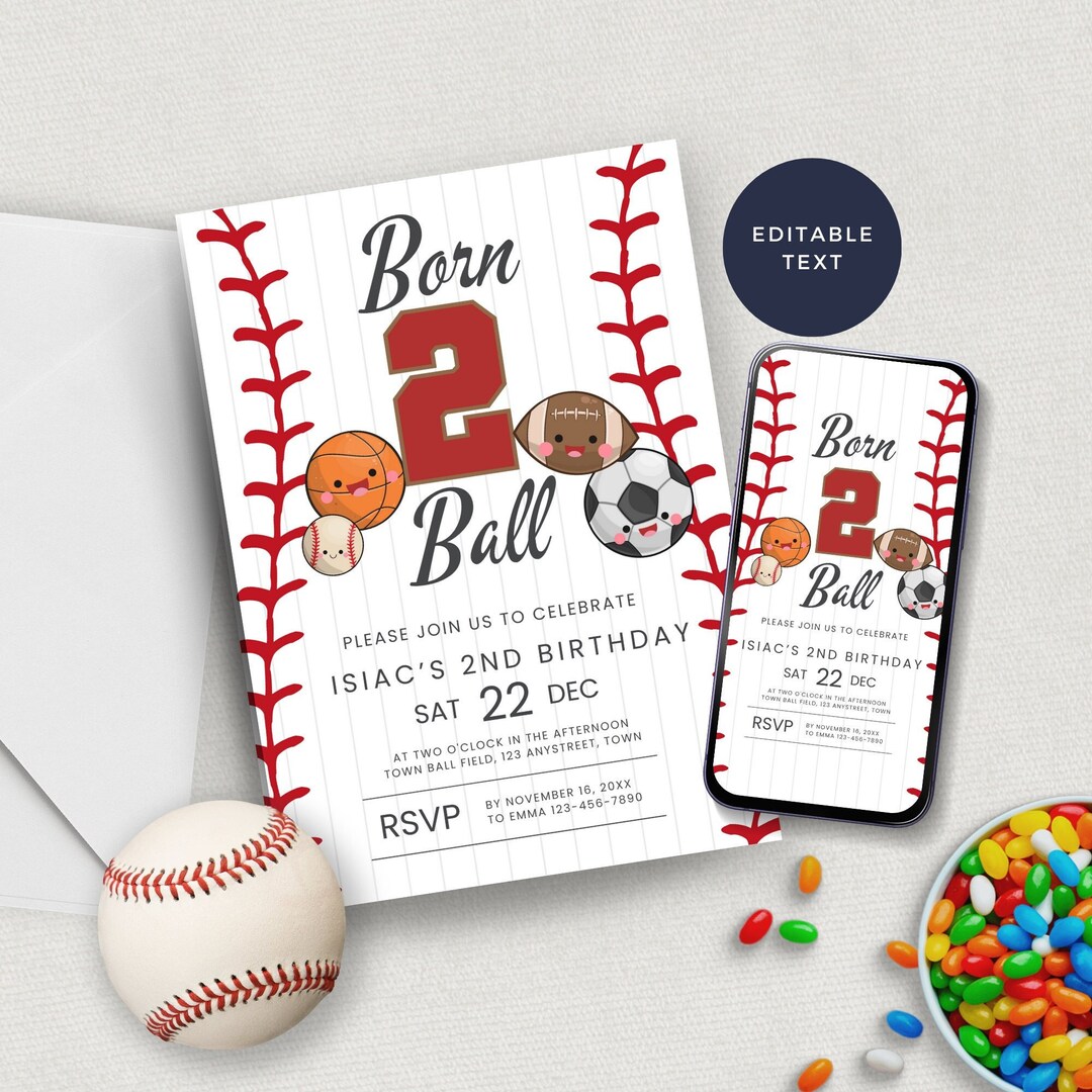 Born to Ball Invitation, Boy 2nd Birthday Sports Theme Photo Invite ...