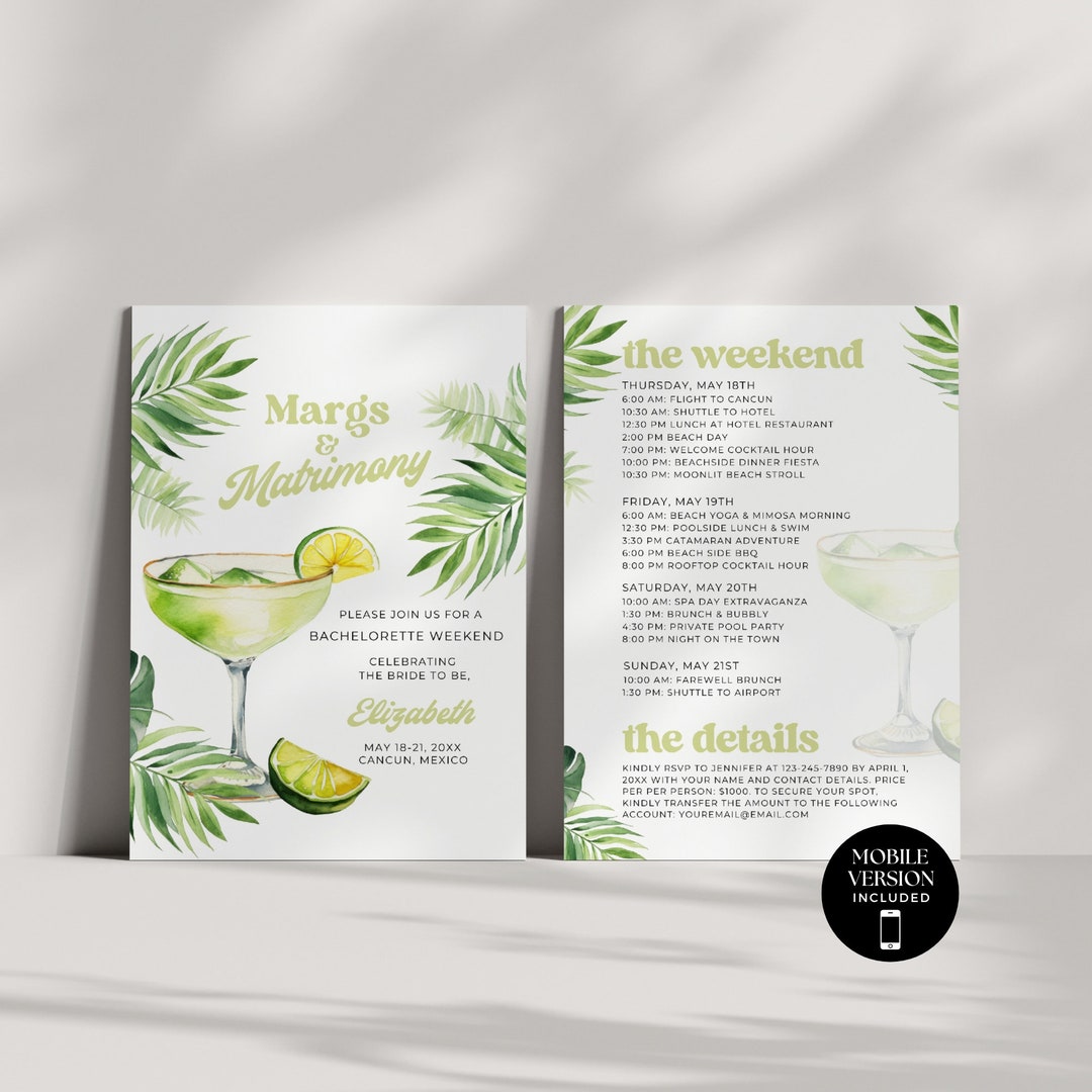 Margs and Matrimony Itinerary Template, Bachelorette Weekend Invitation ...