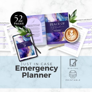 May include: A digital printable emergency planner with 52 pages. The planner features a purple and blue watercolour design with gold accents. The text "Peace of Mind" is on the cover. The planner is available as a digital download and can be printed at home.