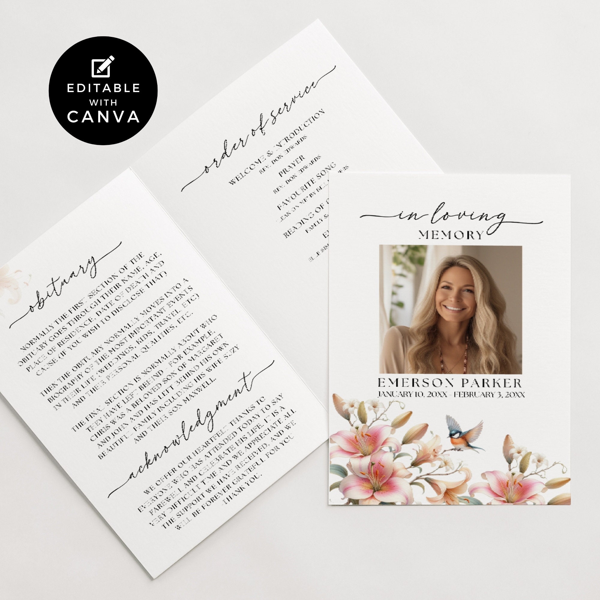 Funeral Program Birds, Editable Template, Celebrating the Life Of ...