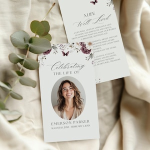 Carte de prière funéraire, papillon, avec modèle photo, poème commémoratif cadeau souvenir imprimable, édition sur toile, fleur bordeaux, papillons, BB1