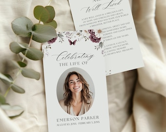 Funeral Prayer Card Butterfly, With Photo Template, Memorial Poem Keepsake Favor Printable, Edit In Canva, Burgundy Flower, Butterflies, BB1