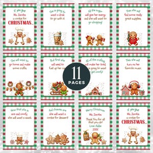 K&ouml;nnte beinhalten: Elf druckbare Seiten mit einem Weihnachtsmotiv mit Lebkuchenm&auml;nnern und einem rot-gr&uuml;nen karierten Hintergrund. Der Text auf den Seiten beschreibt die Aktivit&auml;ten eines Lebkuchenmannes.