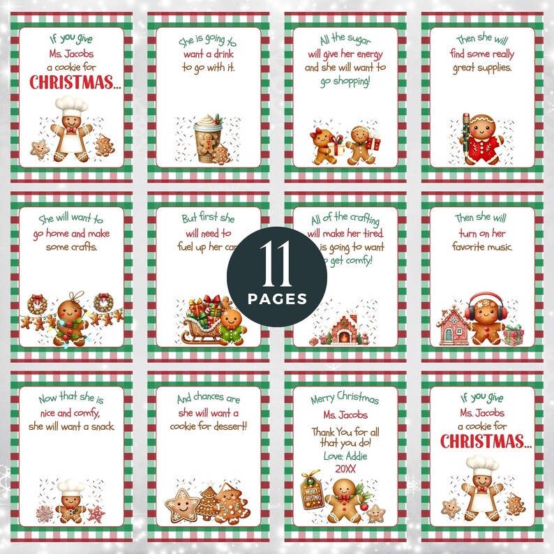 K&ouml;nnte beinhalten: Elf druckbare Seiten mit einem Weihnachtsmotiv mit Lebkuchenm&auml;nnern und einem rot-gr&uuml;nen karierten Hintergrund. Der Text auf den Seiten beschreibt die Aktivit&auml;ten eines Lebkuchenmannes.