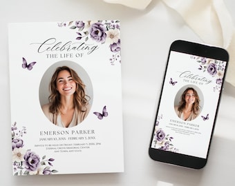 Purple Butterfly Funeral Announcement, Celebration of Life Invitation, Digital, Printable Memorial Invite, Editable, Obituary Template, PB1