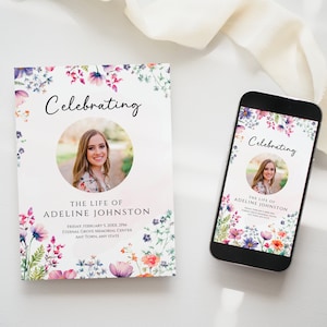 May include: A floral-themed memorial service program with a photo of a woman and the text "Celebrating The Life of Adeline Johnston" and details for the service.