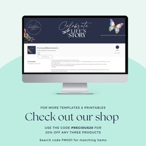 May include: A computer screen displaying a website for Precious MilestonesCo, a company that sells printable templates for life's events. The website features a blue background with a butterfly and dragonfly design. The text "Celebrate Life's Story" is displayed in a white, cursive font. The website also includes a call to action to "Check out our shop" and offers a discount code "PRECIOUS20" for 20% off any three products.
