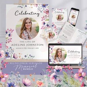 May include: A memorial bundle with a floral design featuring a photo of a woman. The bundle includes a poster, a programme, and a digital template. The text on the poster reads "Celebrating The Life of Adeline Johnston January 10, 19XX - February 3, 20XX Wildflower Serenade Memorial Bundle".
