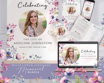 Flores de paquete funerario, plantillas editables de celebración de la vida, conjunto digital imprimible, paquete de servicio conmemorativo, Canva, flor silvestre, rosa, WF2