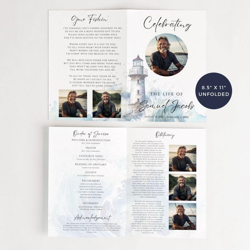 Fish Funeral Program Design Funeral Program Template Ocean, Fishing Printable Memorial Bifold Card ...