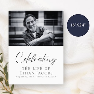 May include: Black and white photo memorial card with the text "Celebrating The Life Of Ethan Jacobs August 10, 19XX - February 3, 20XX". The card is 18 inches by 24 inches.