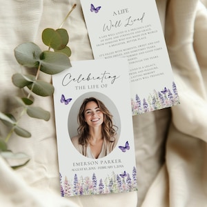 Tarjeta de oración fúnebre de mariposa, con plantilla de foto, poema conmemorativo, recuerdo imprimible, editable en Canva, morado, rosa, flor silvestre, BB2