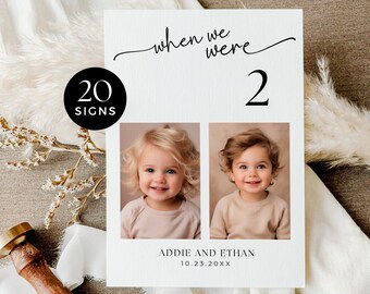 Cuando teníamos edad signo de número de mesa de boda con imagen, fotos de bebés de la infancia, plantilla personalizable editable, decoración moderna minimalista, MW2