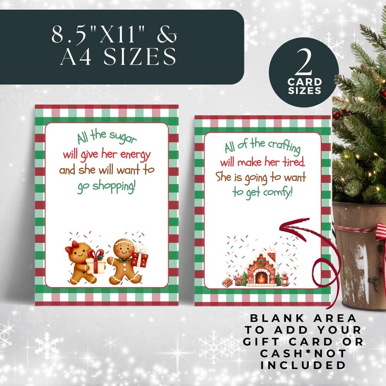 K&ouml;nnte beinhalten: Zwei druckbare Weihnachts-Geschenkkartenhalter mit rotem und gr&uuml;nem kariertem Hintergrund. Die erste Karte zeigt ein Lebkuchenpaar mit dem Text "All the sugar will give her energy and she will want to go shopping!" Die zweite Karte zeigt ein Lebkuchenhaus mit dem Text "All of the crafting will make her tired. She is going to want to get comfy!" Beide Karten haben einen leeren Bereich, um eine Geschenkkarte oder Bargeld hinzuzuf&uuml;gen.