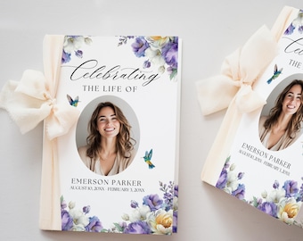 Purple Flowers Hummingbird Funeral Program Template, Printable Order of Service, Editable Obituary Announcement, Canva, HB1