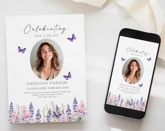 Purple Butterfly Funeral Announcement, Celebration Life Invitation, Digital, Printable Memorial Invite, Editable, Obituary, Wildflower, PB2
