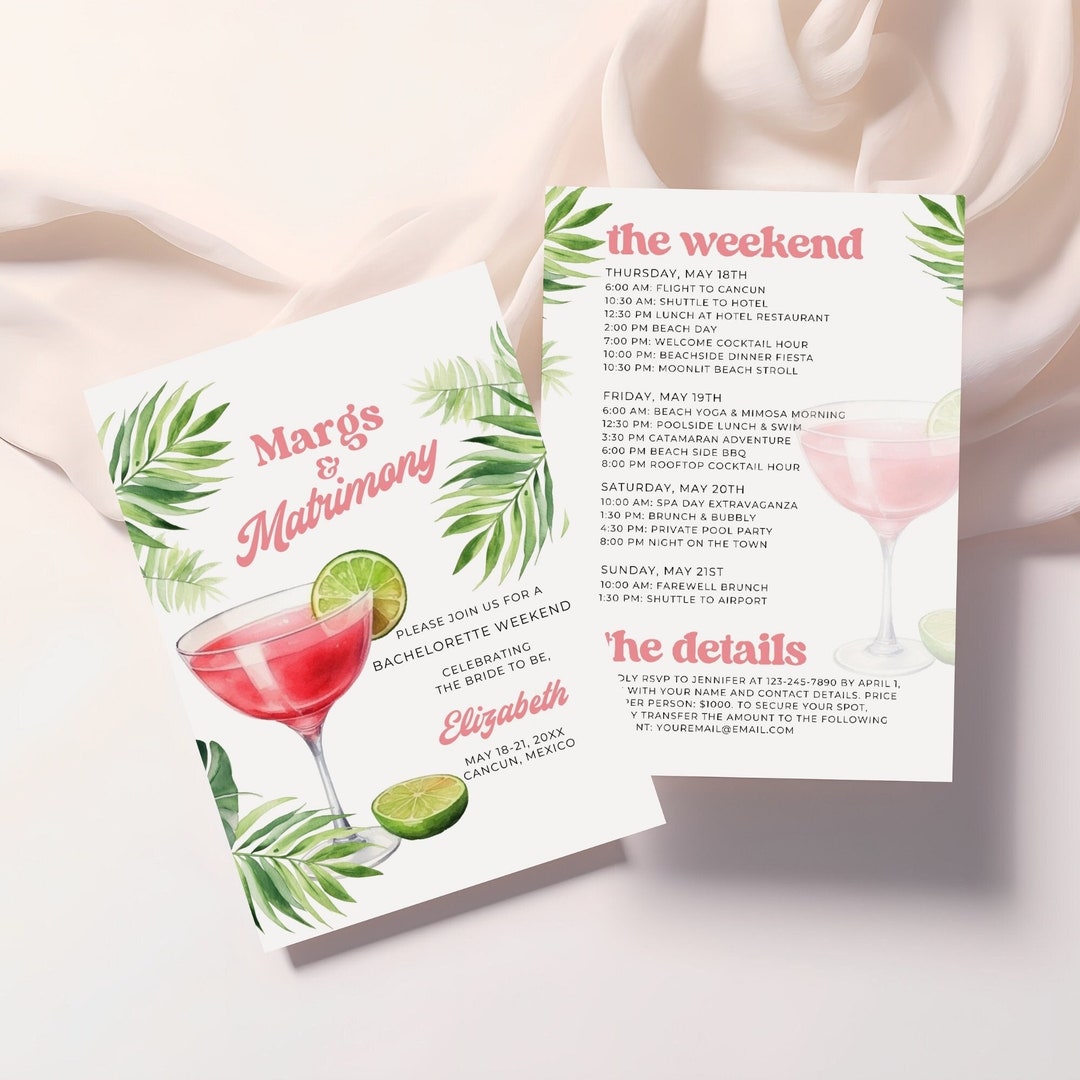 Margs and Matrimony Itinerary Template, Bachelorette Weekend Invitation ...