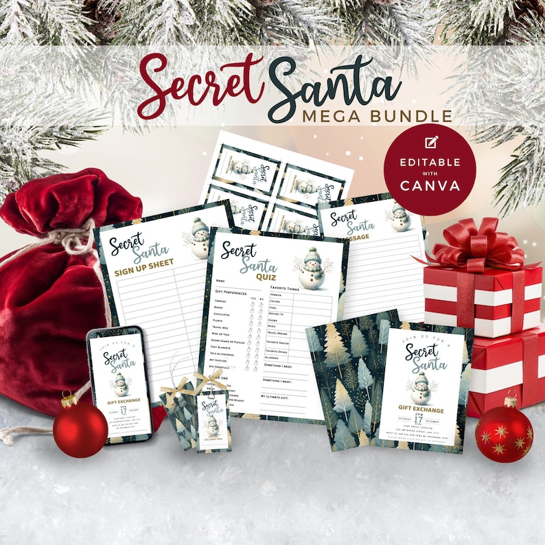 Secret Santa printable questionnaire bundle. Blue, snowman with neutral gold trees, invite, evite, sign up sheet, quiz, gift exchange tags,note  letter from secret santa