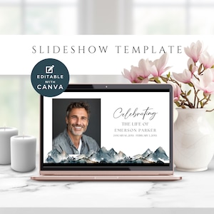 Funeral Slideshow Template For Men, Celebrating The Life of Presentation Photo and Video, Memorial Service Tribute, Mountain, Canva, Man NM1