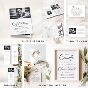 Puede incluir: Un conjunto de productos conmemorativos para un funeral o un servicio conmemorativo. El conjunto incluye un programa de doble pliegue, un marcap&aacute;ginas, una tarjeta de agradecimiento, una vela con una etiqueta y un cartel enmarcado. El programa, el marcap&aacute;ginas y la tarjeta de agradecimiento presentan una foto en blanco y negro del fallecido. La etiqueta y el cartel de la vela tienen el texto "En memoria de Ethan Jacobs".