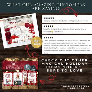 K&ouml;nnte beinhalten: Eine Collage von Bildern, die f&uuml;r ein digitales Produkt zur Erstellung von Weihnachtsgeschenkgutscheinen werben. Das Produkt hei&szlig;t "Magical Santa Christmas Eve Mega Bundle" und umfasst 40 Seitenoptionen und 3 Cover-Designs. Der Text "Schauen Sie sich andere magische Urlaubsgegenst&auml;nde an, die Sie lieben werden" ist ebenfalls enthalten. Das Bild enth&auml;lt Kundenbewertungen mit f&uuml;nf Sternen.