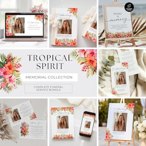 Ensemble funéraire tropical, modèles modifiables de célébration de la vie, ensemble numérique imprimable, service pack commémoratif, toile, fleurs roses, elle, FT2