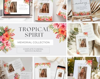 Paquete funerario tropical, plantillas editables para celebrar la vida, conjunto digital imprimible, paquete de servicio conmemorativo, Canva, flores rosas, ella, FT2