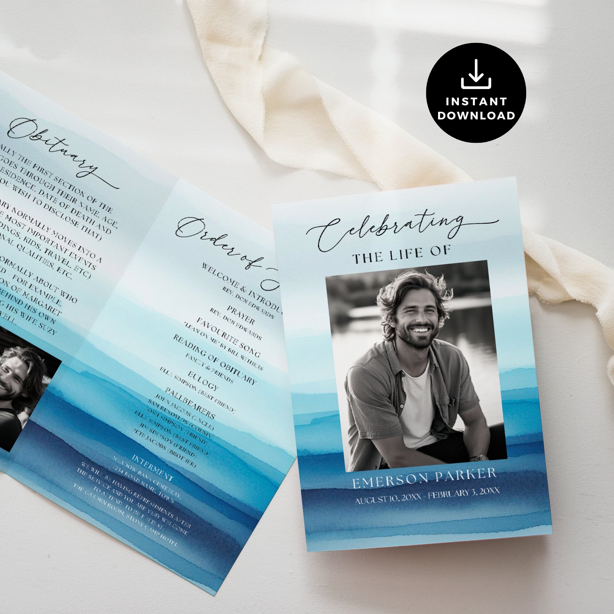 Fish Funeral Program Design Funeral Cards Fishing, Celebration of Life Program Beach, Navy Blue ...