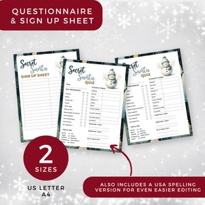 Secret Santa printable questionnaire bundle. Blue, snowman with neutral gold trees,editable and printable