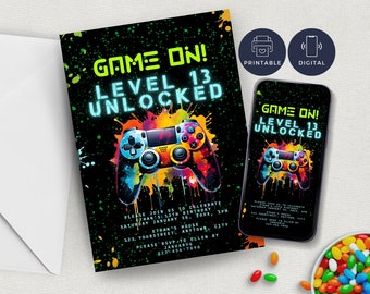 May include: A digital invitation for a 13th birthday party with a video game theme. The invitation features a colorful video game controller on a black background with the text "GAME ON! LEVEL 13 UNLOCKED".