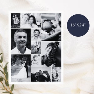 May include: Black and white photo collage of a family. The collage is made up of nine photos, each showing a different family member or group of family members. The photos are arranged in a grid pattern. The collage is printed on a white background. 18" x 24"