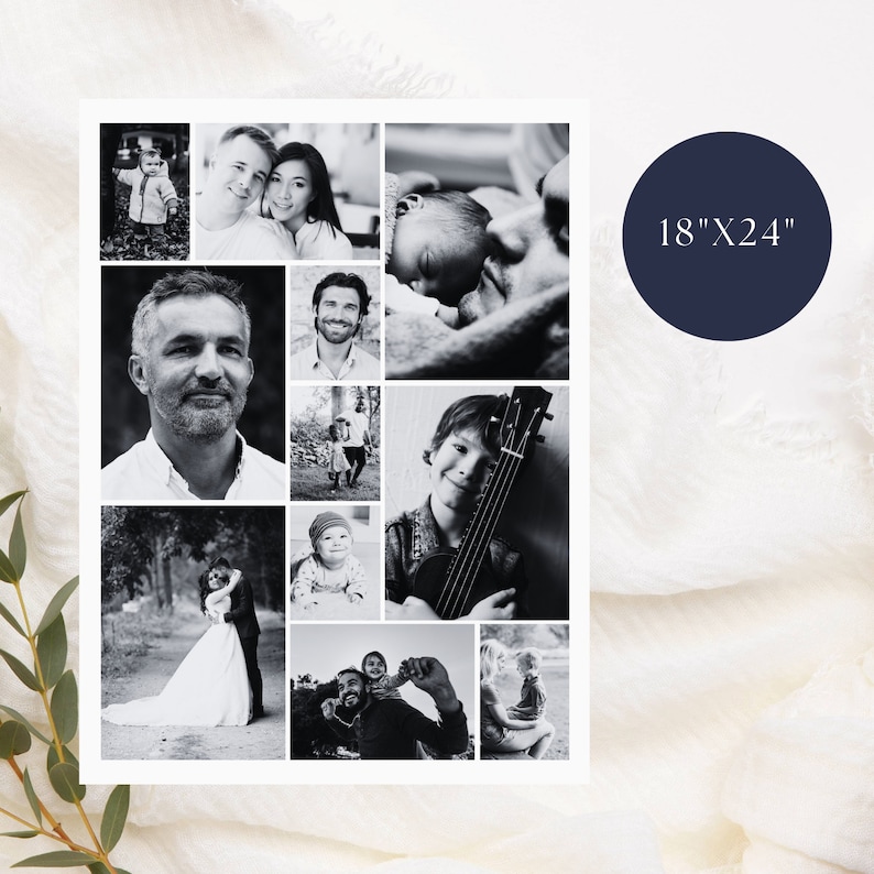 May include: Black and white photo collage of a family. The collage is made up of nine photos, each showing a different family member or group of family members. The photos are arranged in a grid pattern. The collage is printed on a white background. 18" x 24"